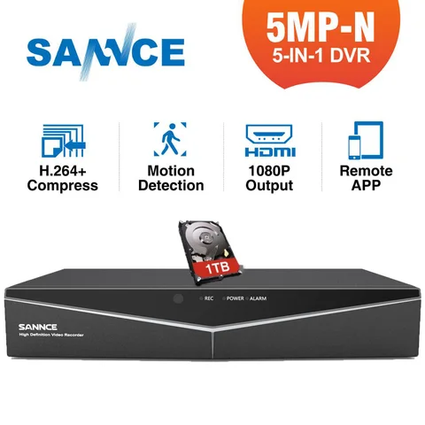 Видеорегистратор SANNCE 5MP-N 8CH HD 5 в 1 H.264 + цифровой рекордер с датчиком движения для IP-камер видеонаблюдения 2 Мп 3 Мп 5 Мп - изображение