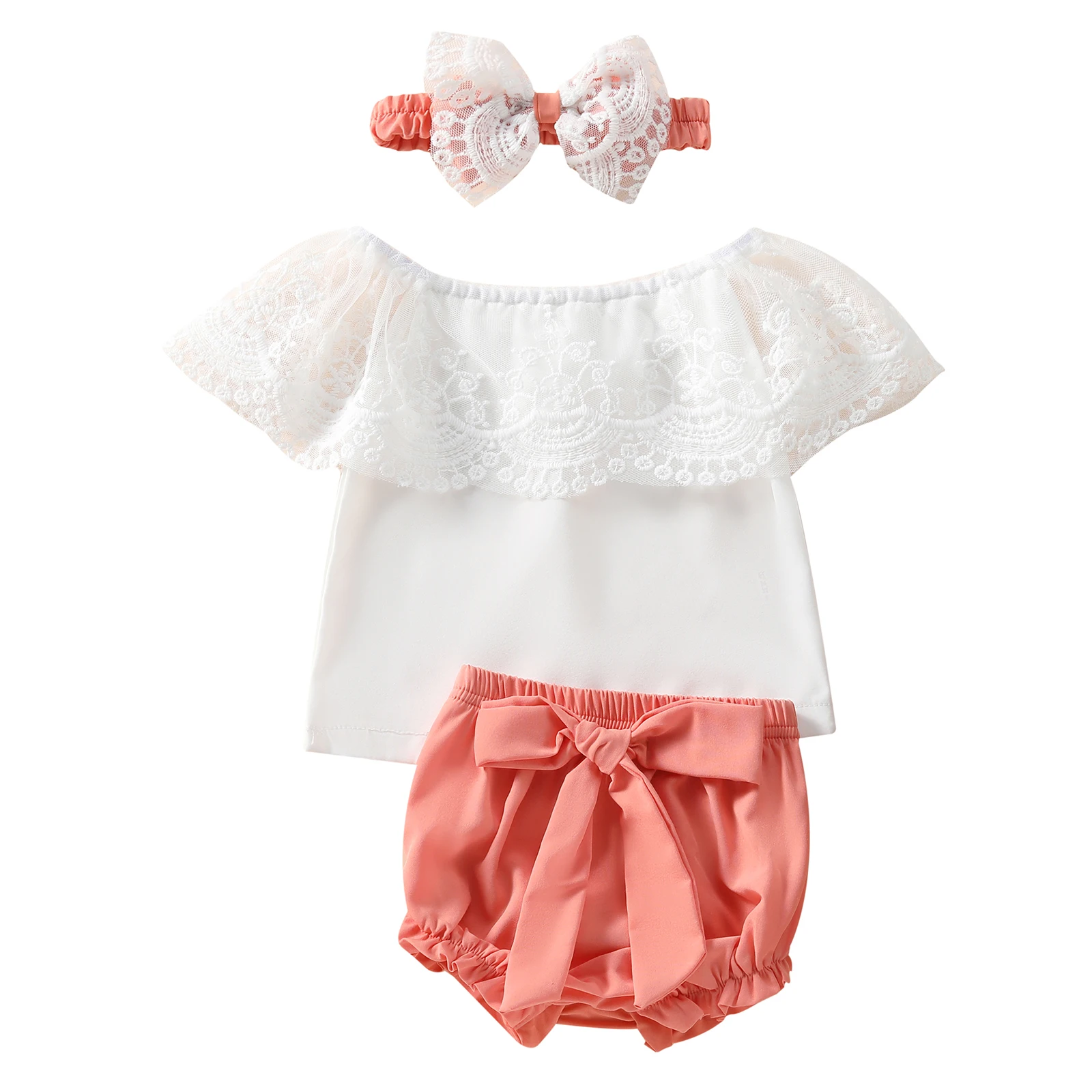 

Комплект из 3 предметов Lioraitiin для новорожденных девочек 0-24 м, летняя кружевная блузка с отворотом и цветочным принтом, топ с открытыми плеча...