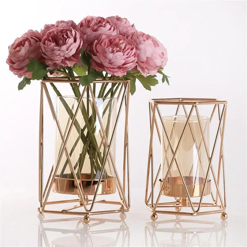 

Iron Line Metal Flowers Pot Floral Flower Arrangement Plated Alloy Glass Vases Golden Vase Plant Holder Desk Decoration