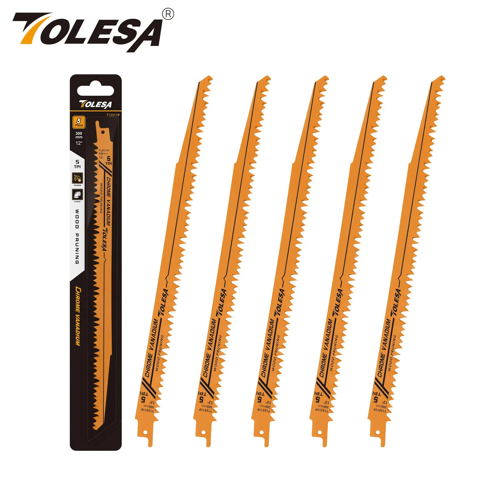 TOLESA 5PCS 5/6TPI Wood Pruning Reciprocating Saw Blades for Wood and PVC Pipe Cutting CRV Sharp Ground Teeth Sabre Saw Blades