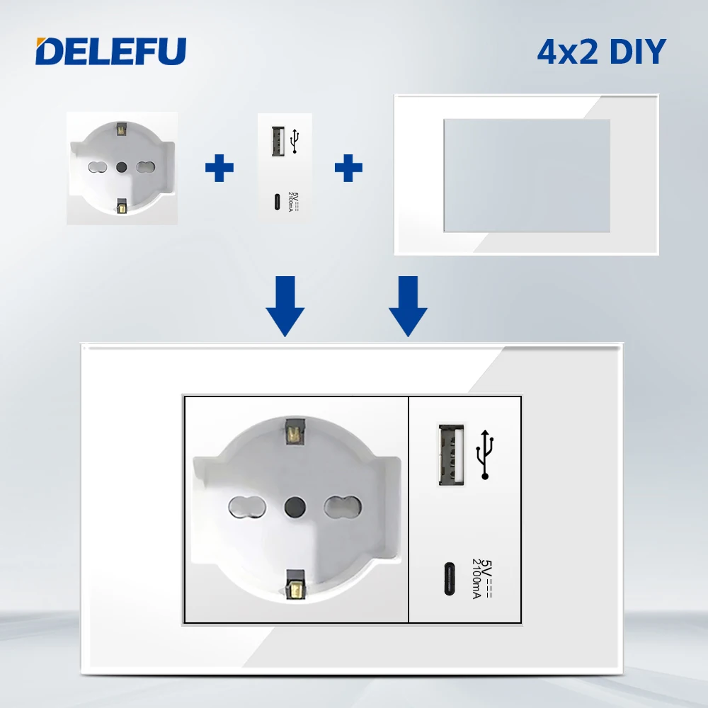 DELEFU Presa Italiana Lavagna FAI DA TE USB Tipo C Interruttore Campanello 45A 20A Tenda Telefono CAT5 TV HDMI SAT Smart Bianco