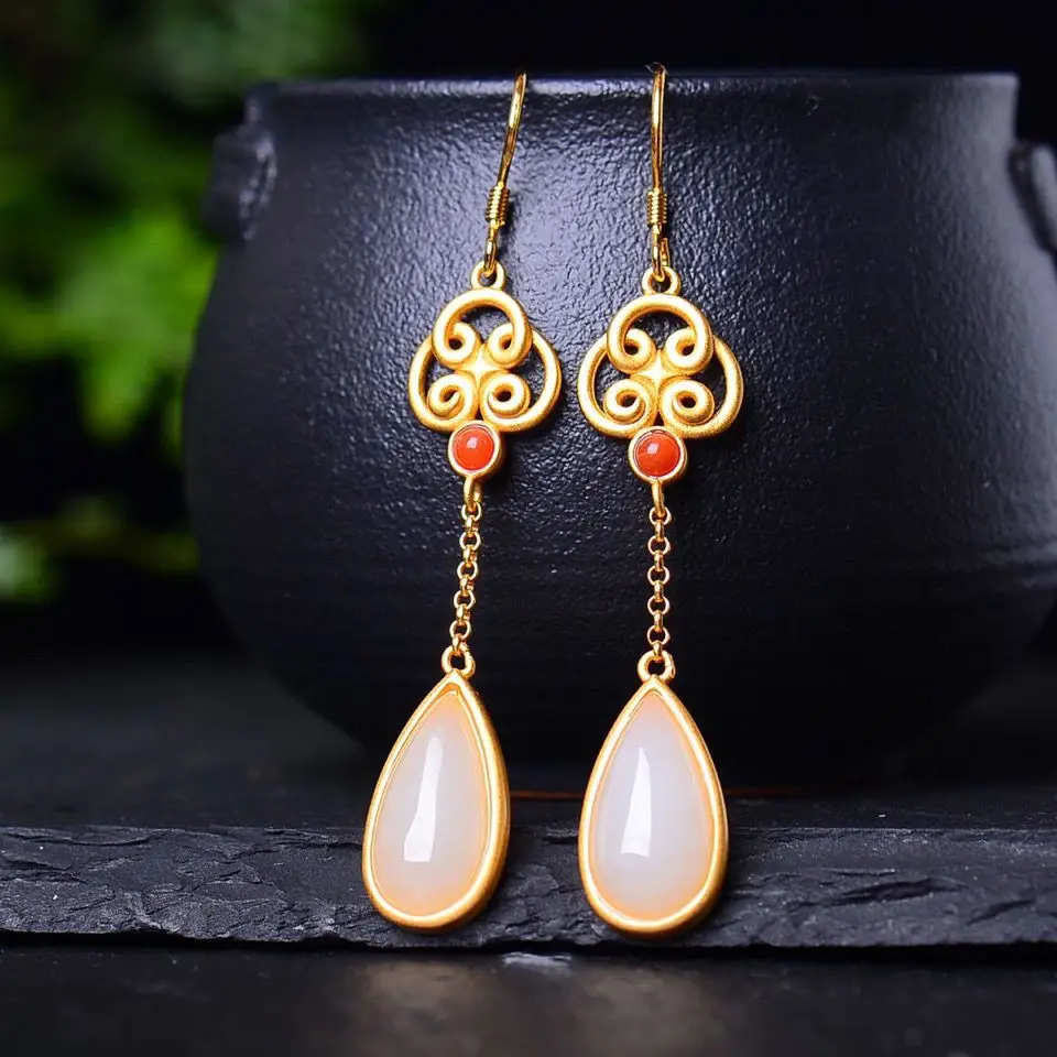 

Women's Earrings Inlaid Natural Stone Water Drop S925 Sterling Silver Eardrops Simple Palace Style Fashion Mid-Length Jade