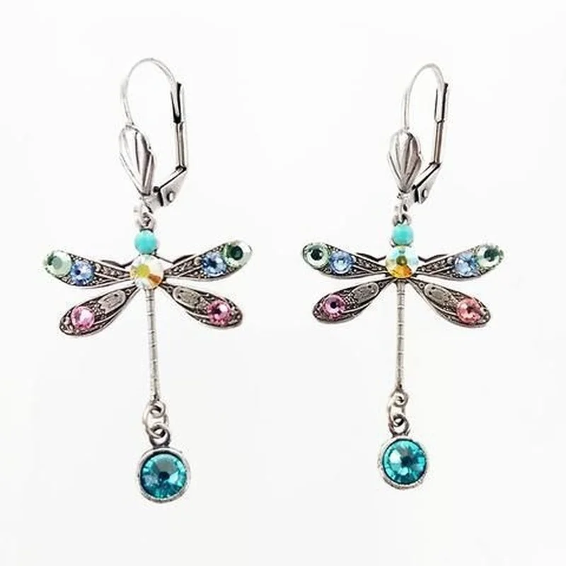 

Vintage Personalized Carved Dragonfly Earrings Seven Colored Gems Hook Drop Earrings Wedding Earrings for Women