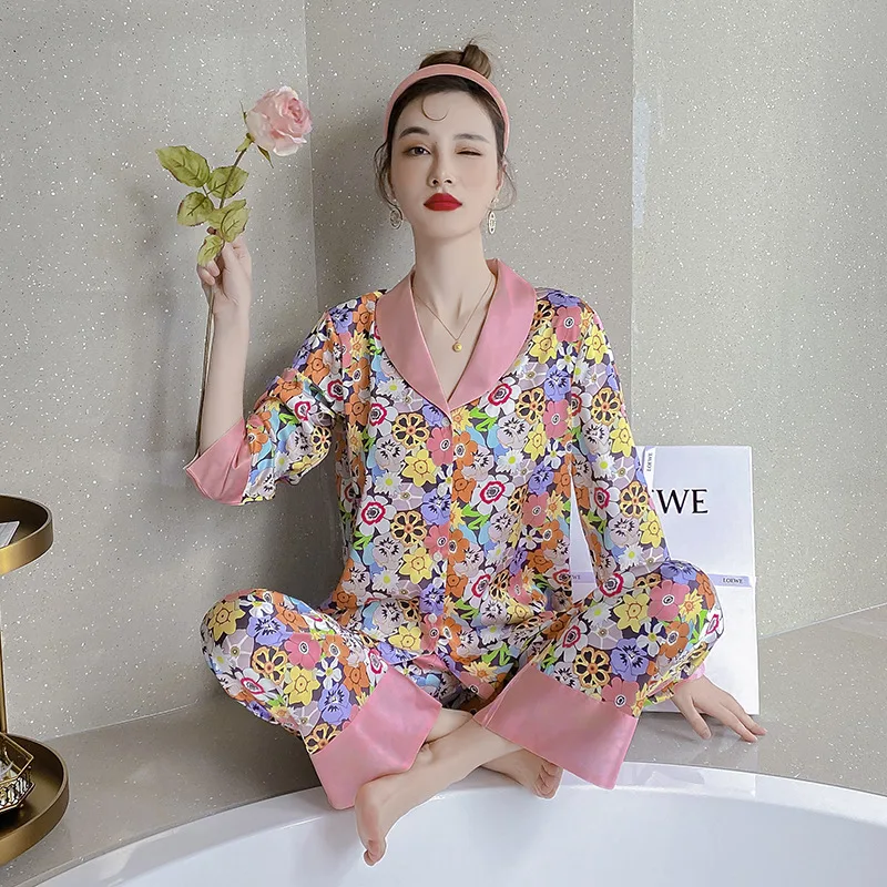 

Женский Пижамный костюм из 2 предметов, рубашка и штаны, цветочный атласный комплект для сна, ночная рубашка, одежда для сна, домашняя одежда,...