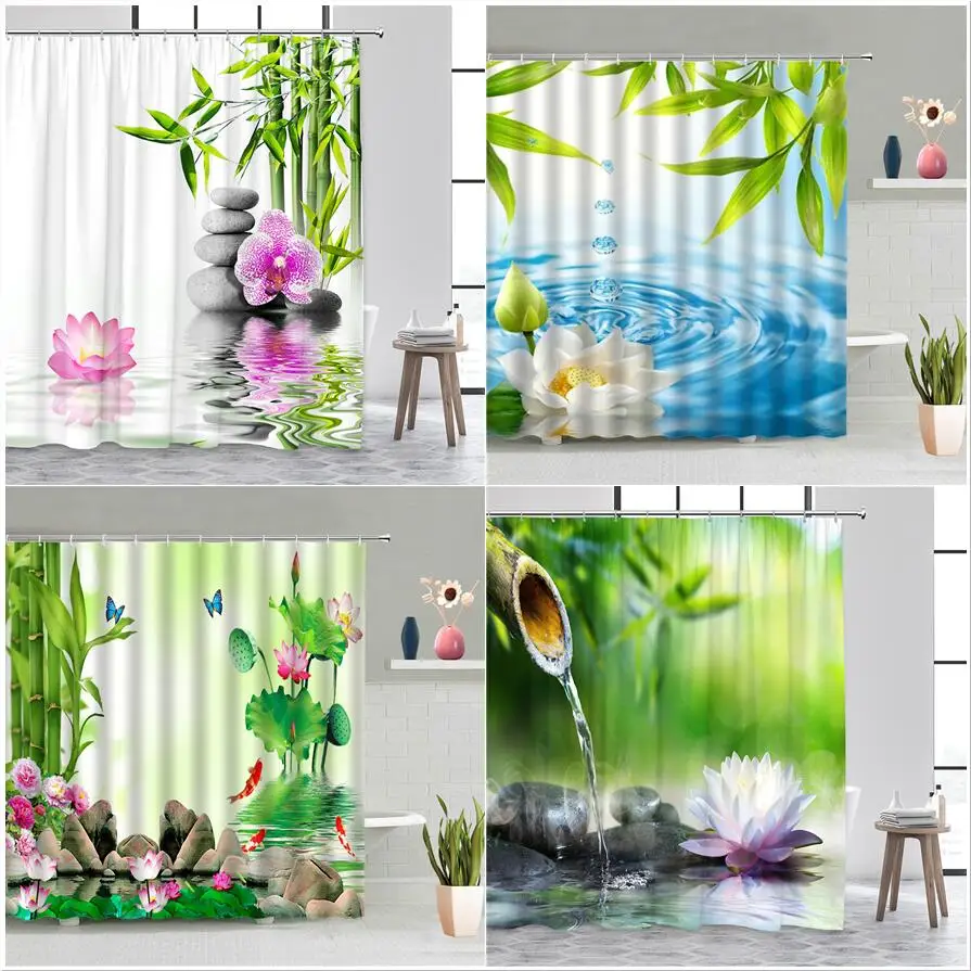 

Chinese Style Green Bamboo Zen Shower Curtain Pink Lotus Plants Koi Asian Spa Black Stone Home Cloth Bathroom Curtains Decor Set