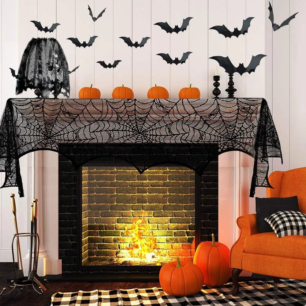 

40pcs Halloween Decorations Set Tablecloth Fireplace Mantle Scarf Spiderweb Lace Tablecloth Halloween Lamp Shades Cover