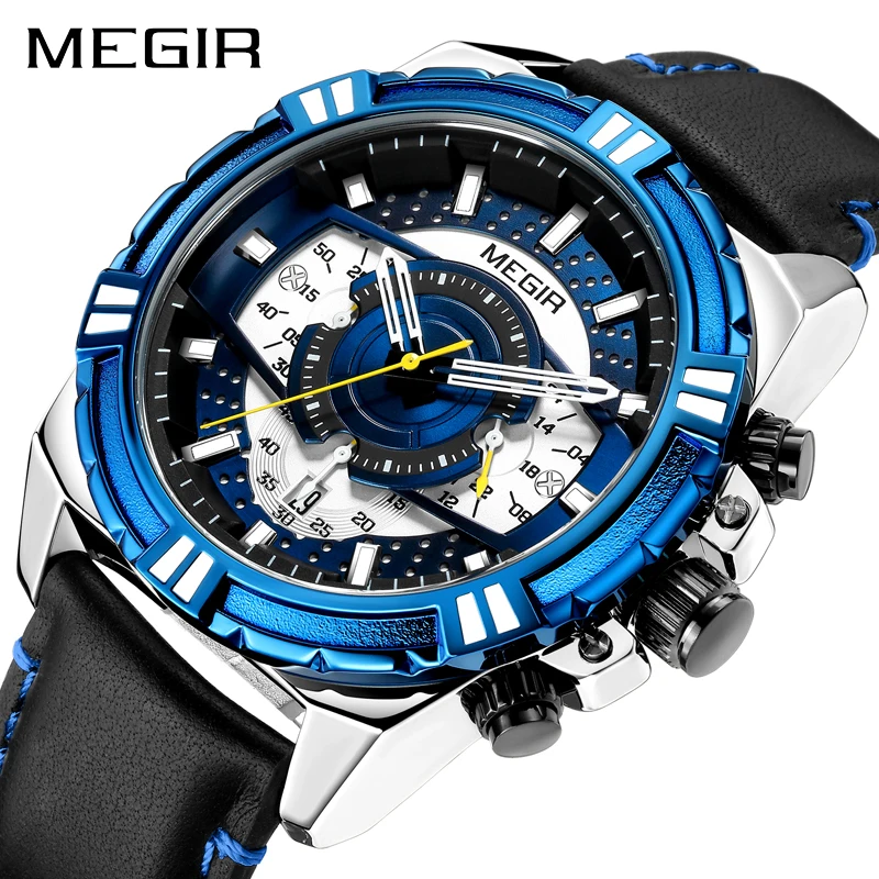 

MEGIR Quartz Watch Sport Leather Mens Watches Top Brand Luxury Causal Luminous Waterproof Chronograph Watch Relogio Masculino