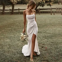 Simple Mermaid White Wedding Dress Spaghetti Straps High Slit 2022 Satin Backless Plain Bridal Gown Sweep Train Vestido de Novia