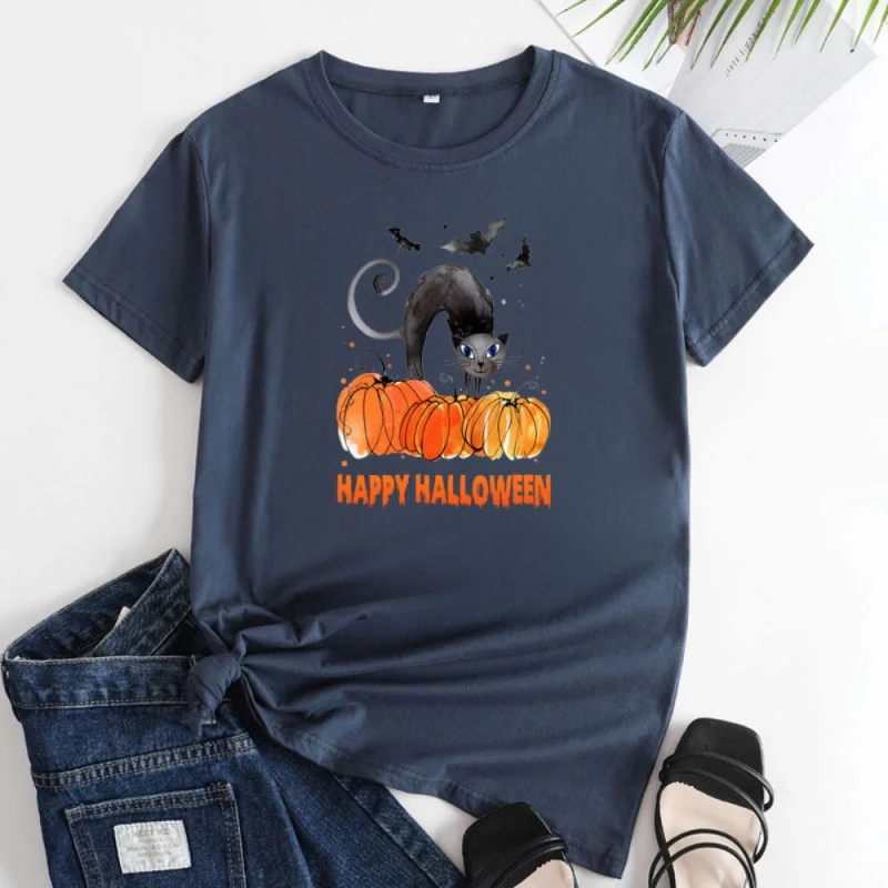 

Plus size Halloween Pumpkin cat printed cotton round neck short sleeve t-shirt women's tops