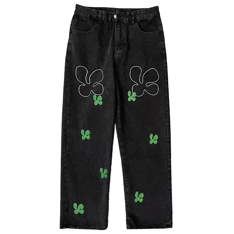 Men's Vintage Embroidered Baggy Denim Jeans, Y2K Style Wide Leg Pants for Spring and Casual Wear