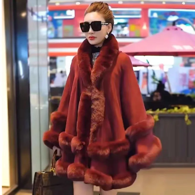 2022 Winter New Women Leopard Print Woolen Coat Fur Collar Shawl Cloak Loose Large Size Plus Velvet Warm Coats Female Clothing