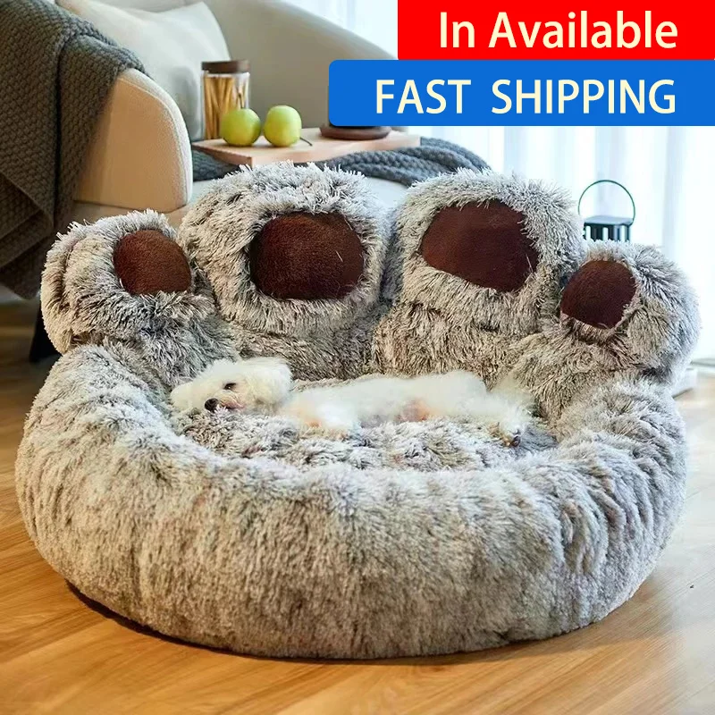 Cama con forma de pata de oso para perros y gatos, sofá suave, accesorios para perrera, cojín de felpa largo y cálido
