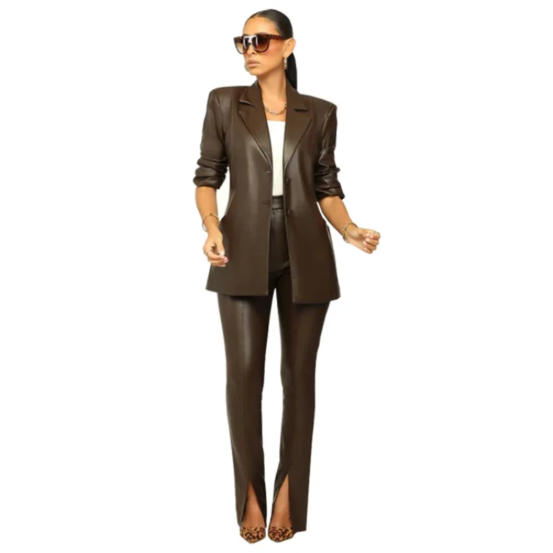 Autumn and winter 2022 new solid color, senior slim, high-end leather V-neck design, split Slim-fit pants suit for women