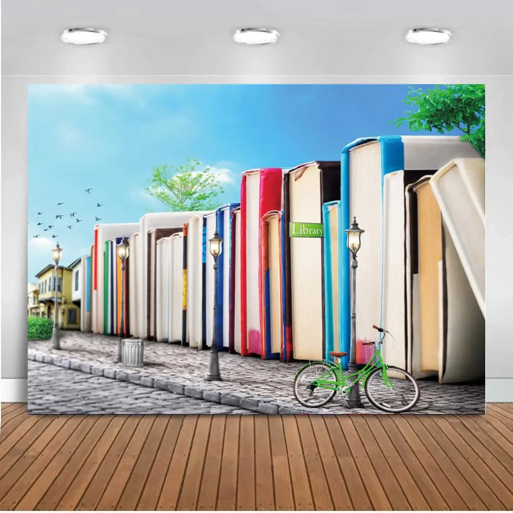 

Gray Brick Street Huge Books Stand Background For Photo Studio Self Art Portrait Photoshoot Blue Sky Photography Backdrops