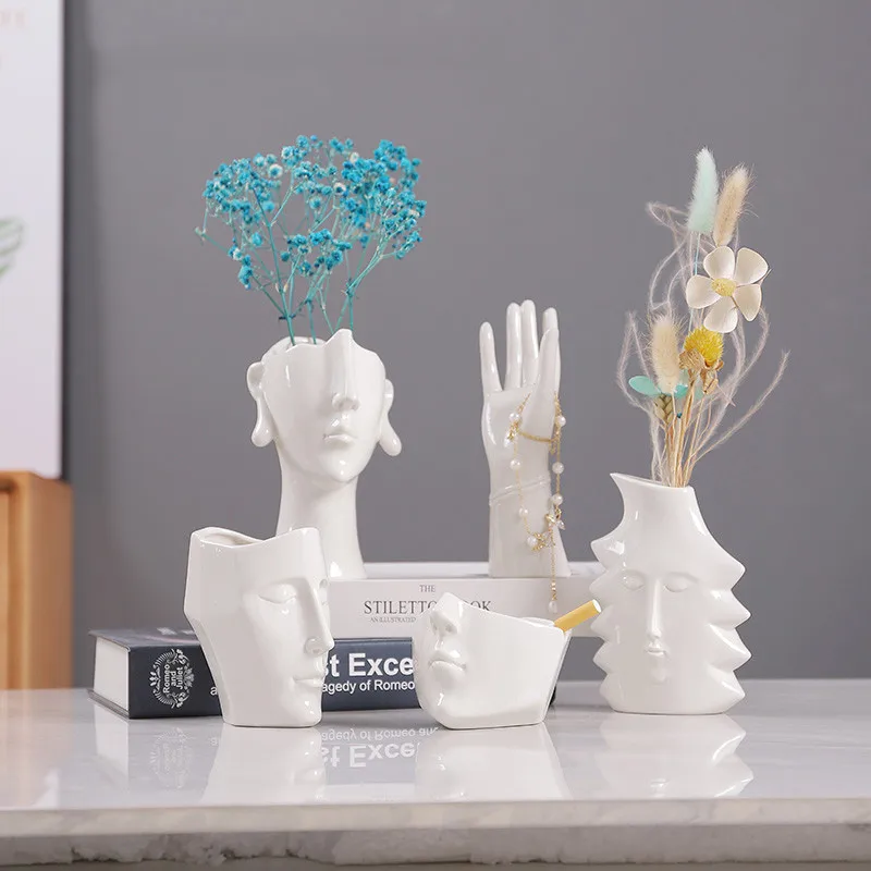 

White Ceramic Art Abstract Face Small Vase Living Room Hydroponic Modern Dried Flower Flower Arrangement Accessories Home Decor