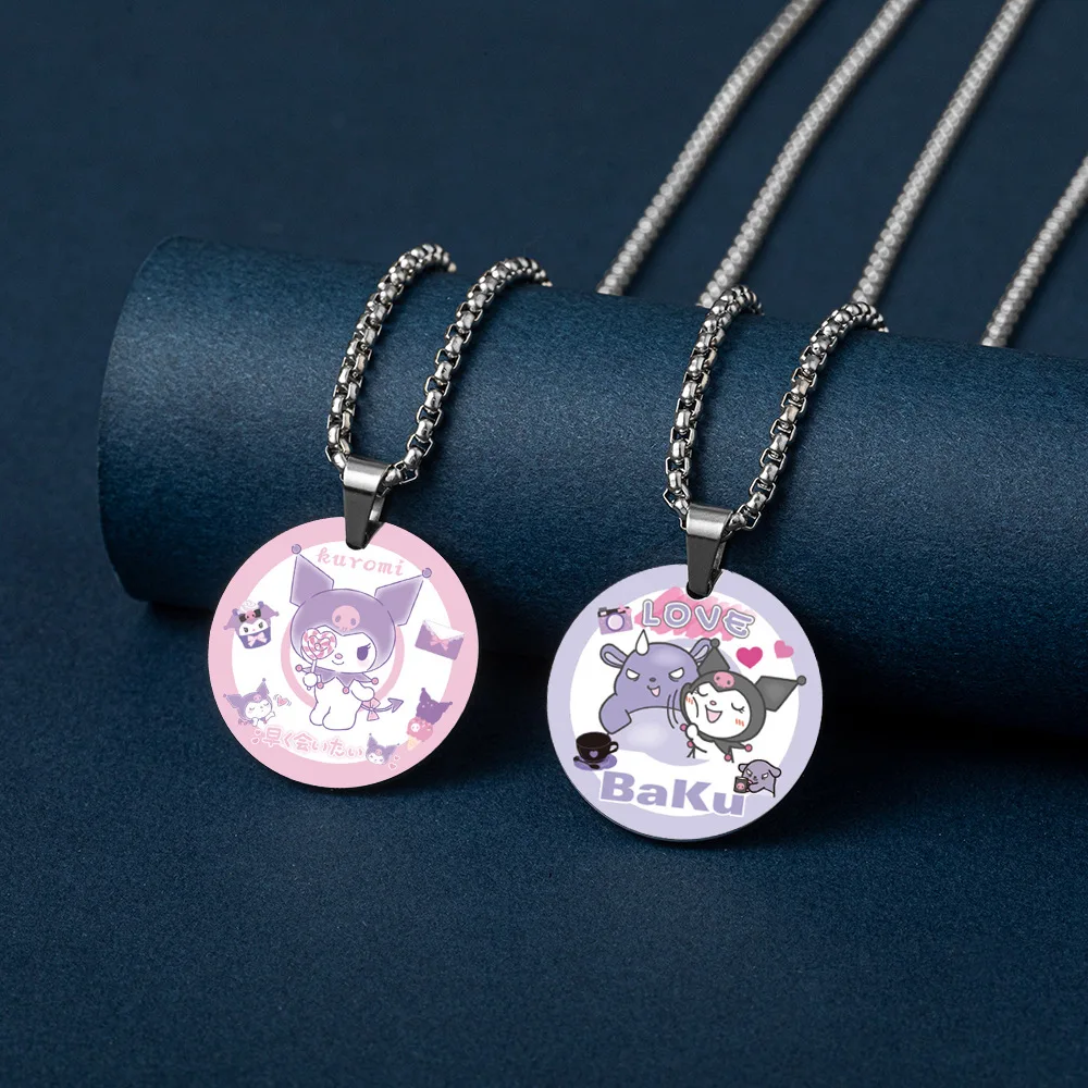 

Sanrio Kawaii Anime Character HelloKitty Kuromi Mymelody Cinnamoroll Pompom Purin Round Print Stainless Steel Necklace Pendant