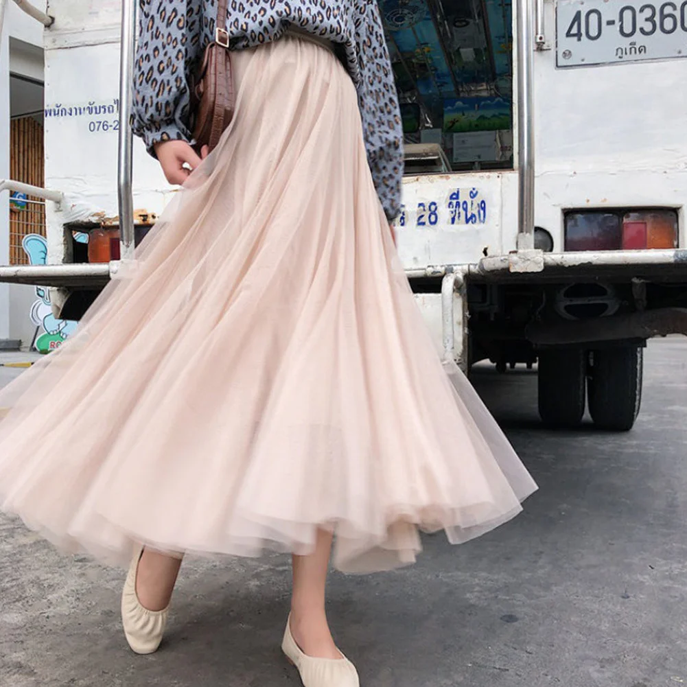 

Vintage Tulle Long Skirt Elegant Vintage Solid High Waist Women Elastic 2022 Summer Spring Casual Fashion Ladies Party Skirts