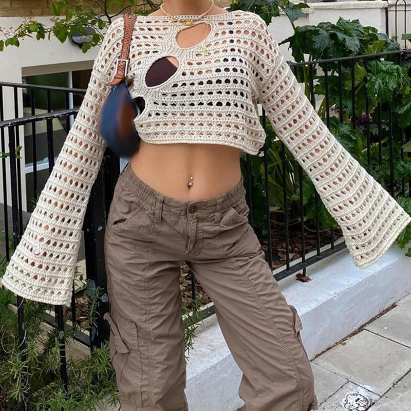 Новая стильная Женская Расклешенная сетчатая накидка с длинным рукавом вязаный