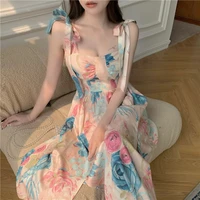 2022 summer women vintage flower sling dress bow tie strap square neck sleeveless slim midi floral skirt french ladies clothes
