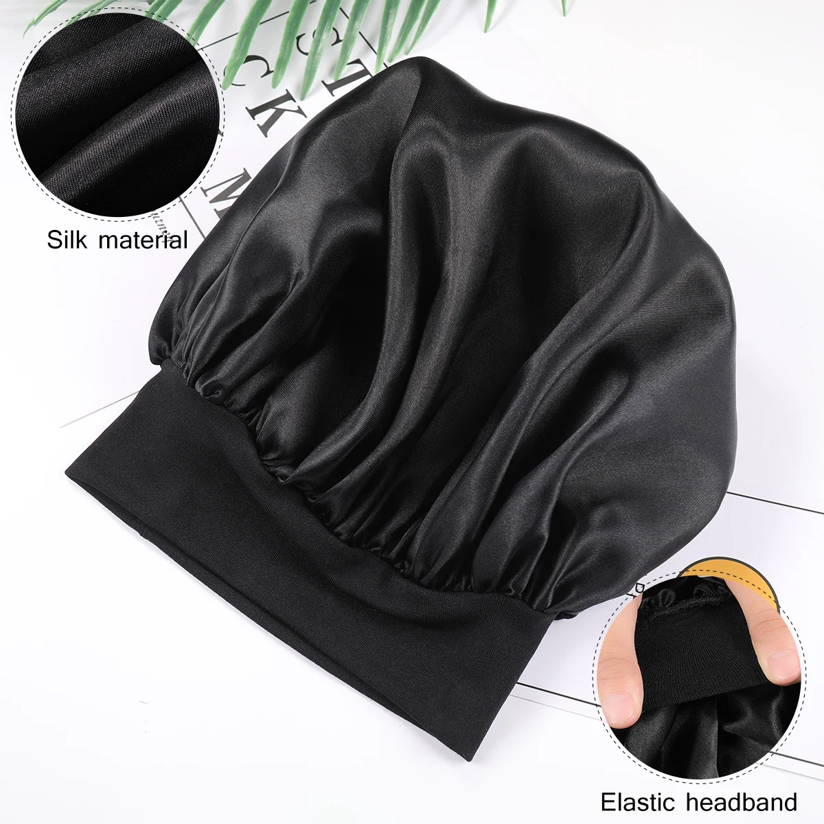 Black Wide Side Sleeping Cap for Women - High Resilience Lined Hair Bonnet for Sleep