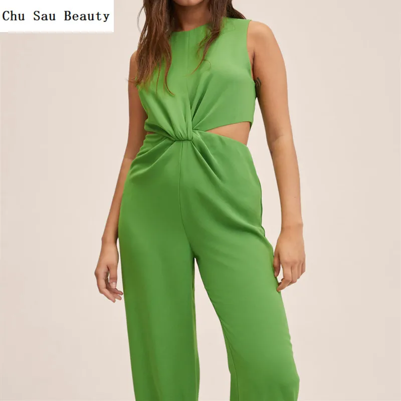 

Chu Sau Beauty 2022 New Women Green Knot Cut Jumpsuit Spring Autumn Fashion High Street Sleeveless O-Neck Hollow Jumpsuit