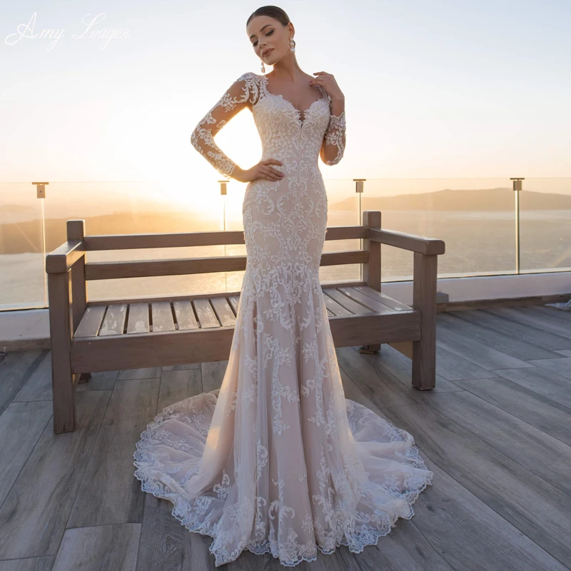 

AmyLvager Sexy Sweetheart Neck Full Sleeve Mermaid Wedding Dress Gorgeous Appliques Court Train Trumpet Bridal Gown Custom Made