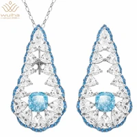 wuiha 925 sterling silver cushion cut 77mm sapphire created moissanite diamonds earrings pendant necklace 2 in 1 for women gift