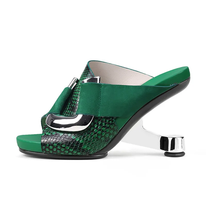 

Green Snakeskin Leather Women Outside Slippers Metal Buckle Platform Blue Slides Shoes Iron Strange High Heels Chaussure Sandals