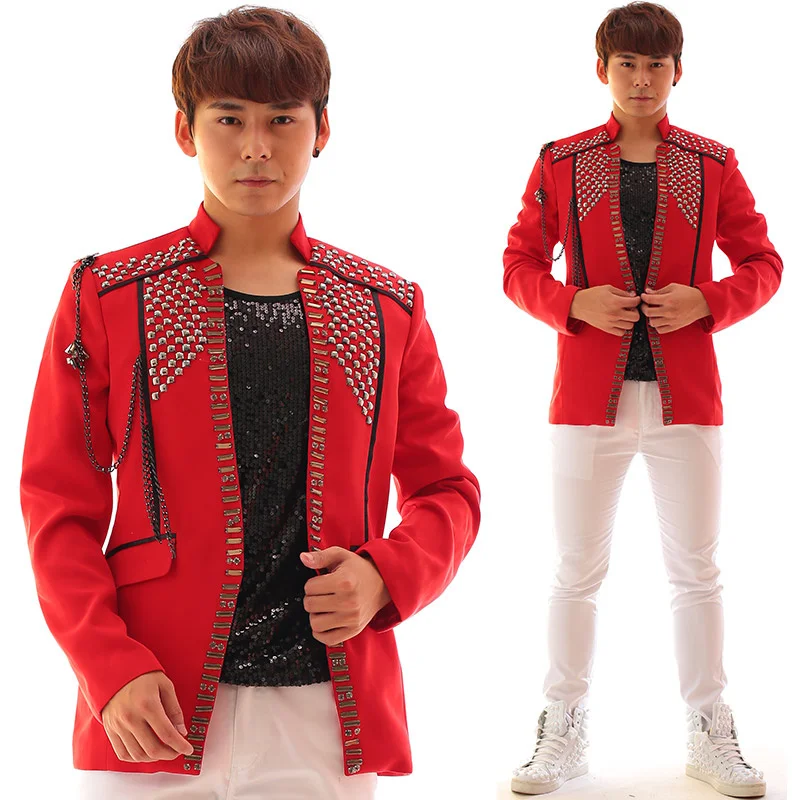 

men suits designs acrylic beads diamond stage costumes for singers men sequin blazer dance clothes jacket dress punk red