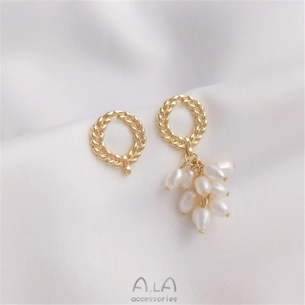 Серьги из пшеницы в золоте 14 карат с подвесными серебряными иглами 925 пробы