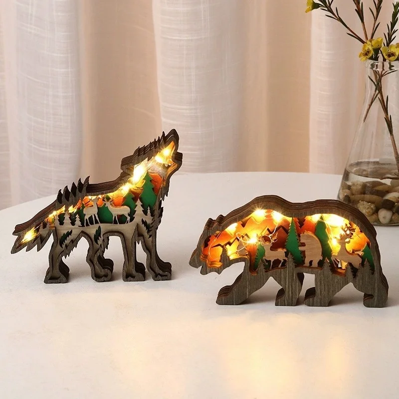 

Wooden Animal Ornaments Luminous Led Light 3D Hollow Carving Home Room Decor Figurines Crafts Desktop Decoration Accessories