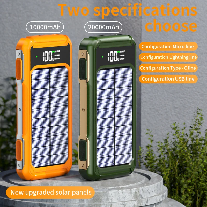 20000mAh Solar Power Bank Portable Large Capacity Solar Power Bank With 3 Charging Cable SOS Laser Light High Power Bank USB