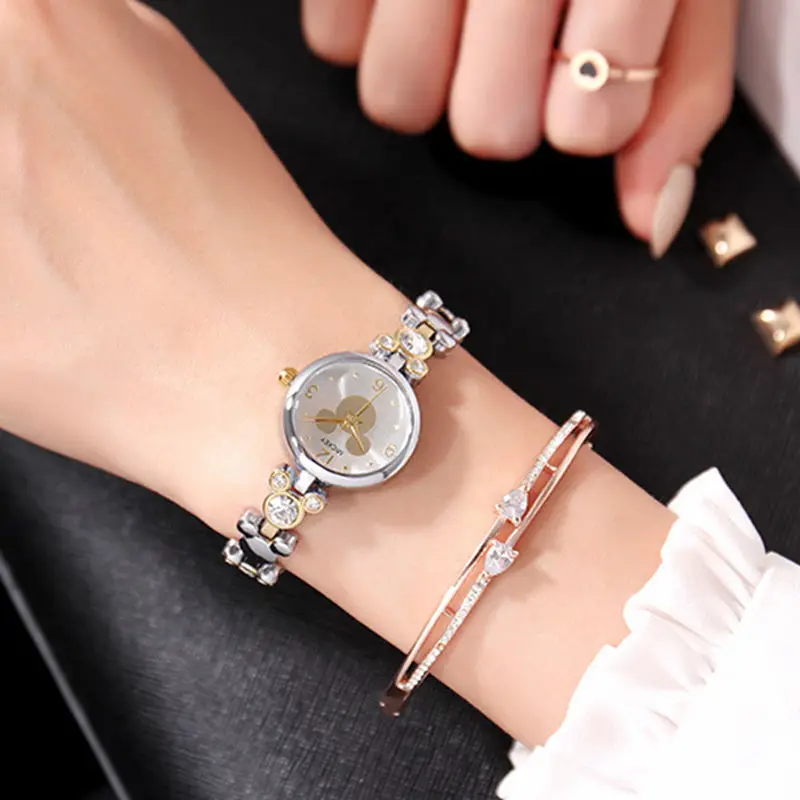 Genuine Disney Mickey Avatar Shaped Ladies Women's Watch Chain Diamond Clock Student Girl Gift With Box