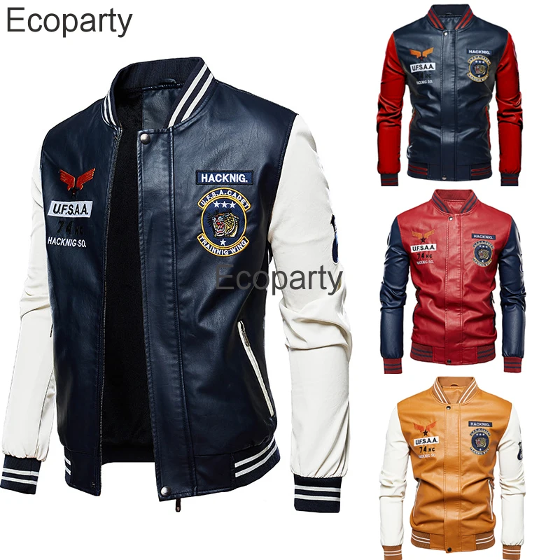 

New Men's Fashion Motorcycle Jacket 2023 Vintage Embroidery Pu Leather Jacket For Men Raglan Sleeve Baseball Jersey Bomber Coat