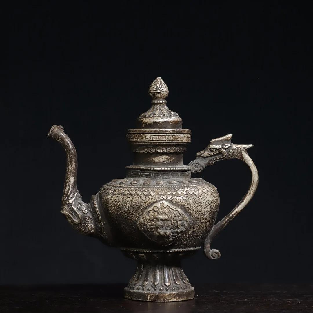 

7"Tibet Temple Collection Old Bronze Gilding Silver Dragon handle Eight Treasures flagon pot Hiding Kettle Teapot Ornaments