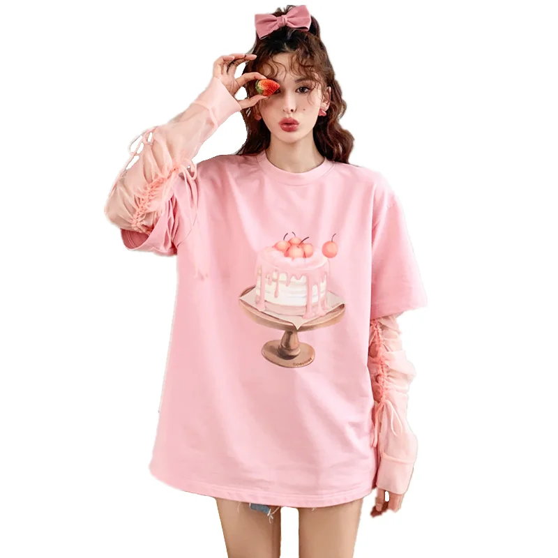 

Летняя Милая женская футболка из 2 предметов с имитацией торта, Лоскутная Прозрачная Сетчатая футболка с длинным рукавом, модная уличная од...