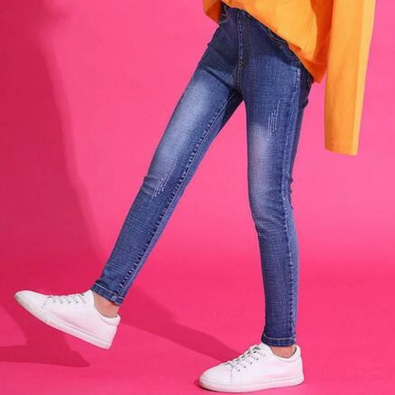 Джинсы для девочек-подростков узкие эластичные брюки из денима повседневные