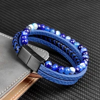 titanium steel blue natural stone beaded leather multi layer braided bracelet magnet buckle black blue mixed leather bracelet