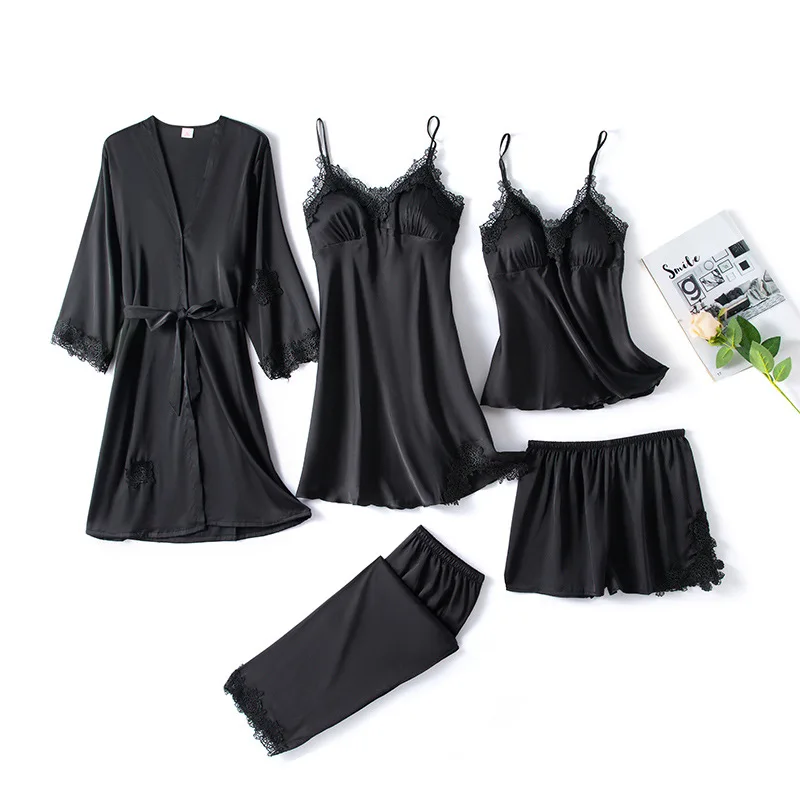 5 Piece Sexy Pajama Set Pajamas Lace Suspender Shorts Fashion Robe Pajamas Ice Ribbon Chest Pad Women's Pajamas
