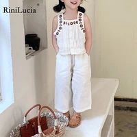 rinilucia toddler girls clothing sets 2022 summer girls clothes flower embroidery cotton tank top outfit kids tracksuit suit