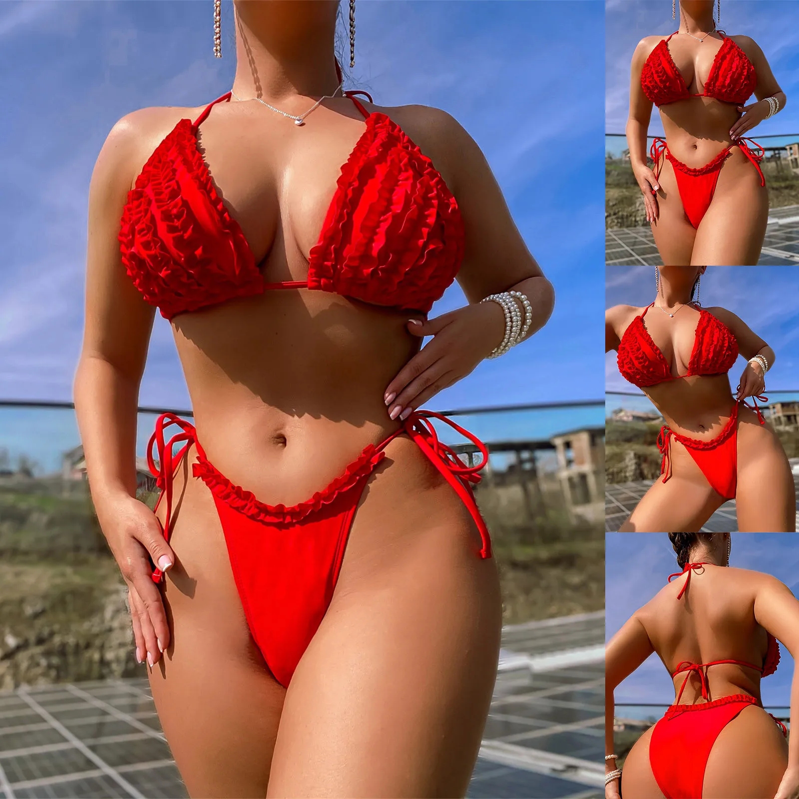 

Fashion Women's Sexy Lace Bikini Slim Fit Solid Color Swimwear Two Piece Set Backless Halter Separate Swimsuit Ropa De Mujer
