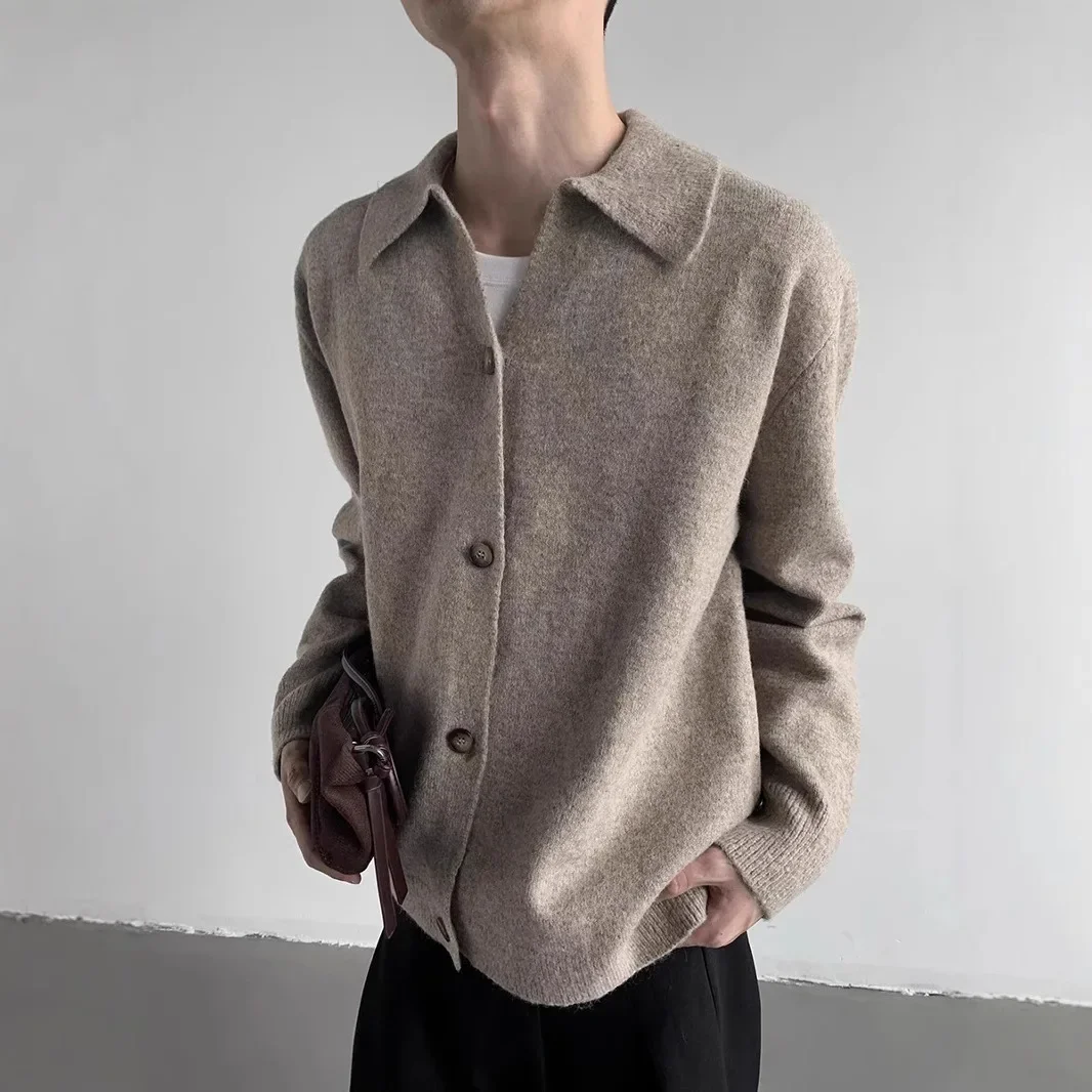 Мужской вязаный кардиган однотонная куртка свободного кроя с воротником поло и