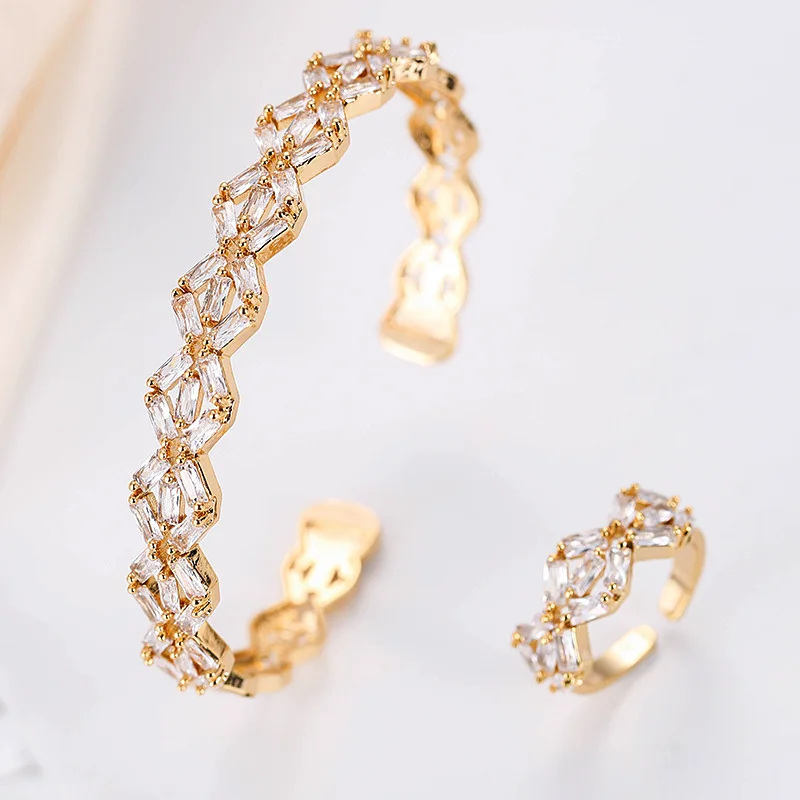 

European and American Simple Fashion Ladies Geometric Irregular 2PCS Full Diamond Inlaid AAA Zircon Bracelet Ring Set Jewelry