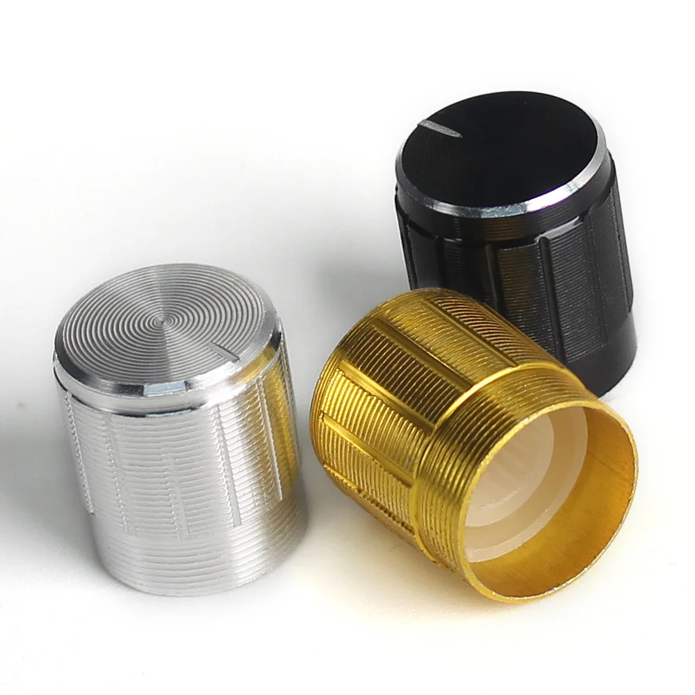 

15PCS 15x17mm Aluminium Alloy Potentiometer Knobs Silver/Black/Gold Volume Control Rotary Knurled 6mm Diameter 3color*5pcs Knob