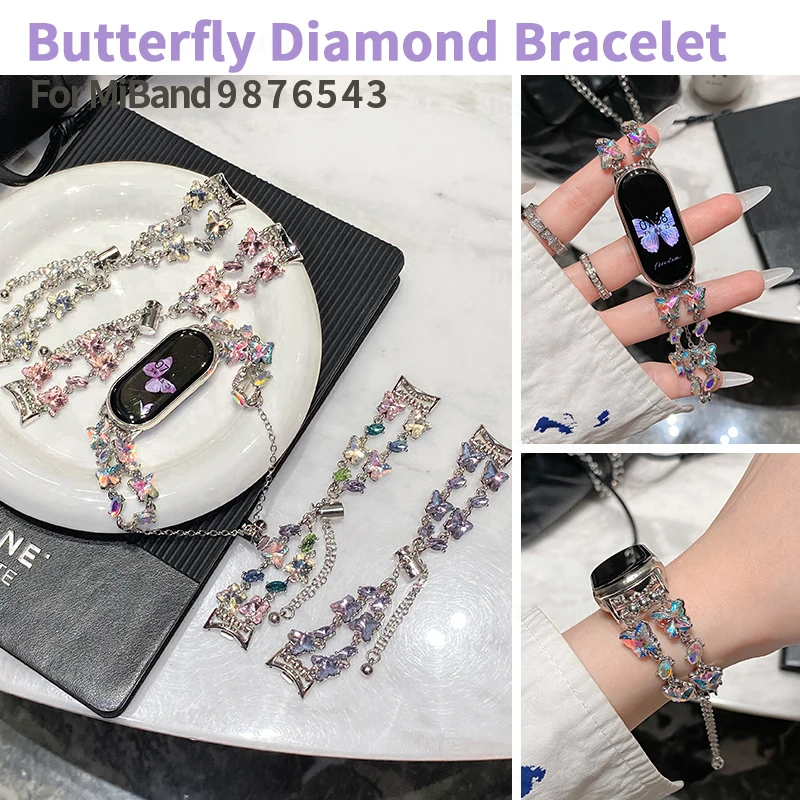 Красочный ремешок с бабочкой и бриллиантами для Xiaomi Mi Band 9 8 металлический