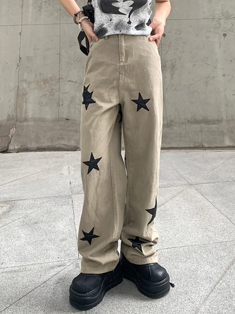 WeiYao Harajuku Style Baggy Jeans Khaki Star Patch Women Pant Vintage 90s Streetwear Denim Low Waist Straight Fashion Trousers
