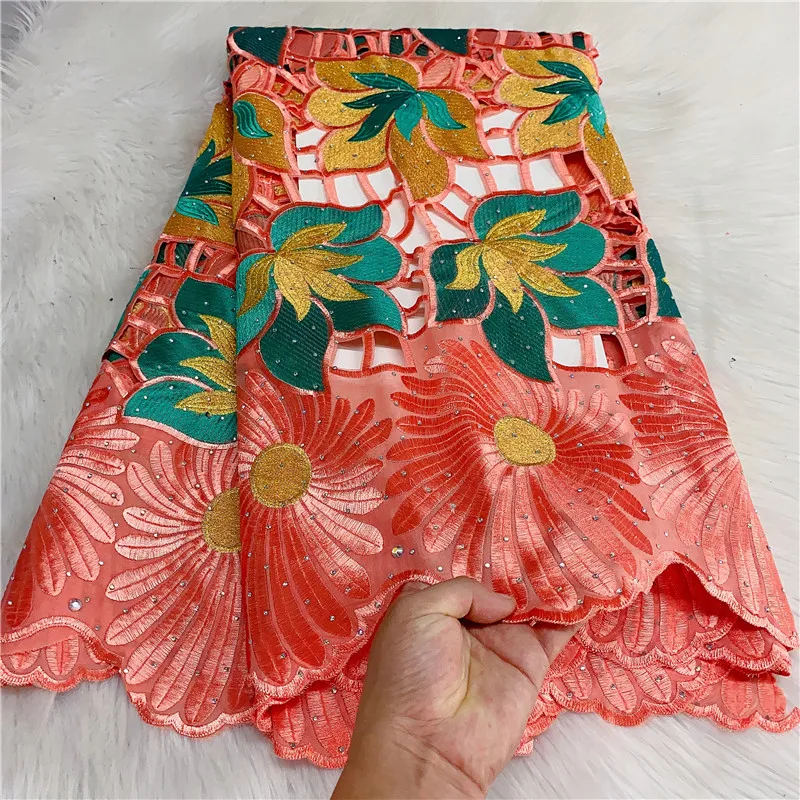 

5 Yard Swiss Fabric 2022 Latest Heavy Beaded Embroidery African 100% Cotton Voile Lace Popular Dubai Style For Wedding Party