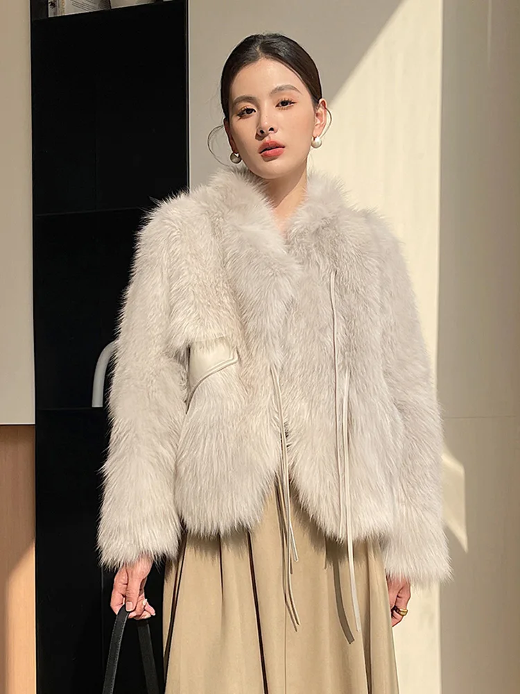 New Women Short Real Fur Coat Autumn Winter Luxurious Fashion Fox Belly Fur Down Cotton Lining Lace-up Thick Warm Fur Jacket