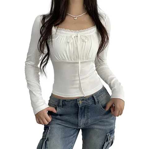 Женский топ с длинным рукавом, белая футболка с кружевной отделкой и рюшами, весна-осень