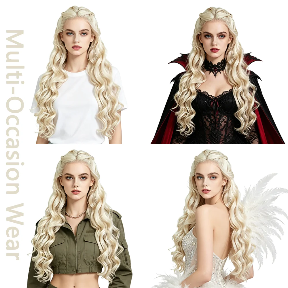 Фото Парик для косплея Daenerys Khaleesi, 13x4 HD, с кружевной передней частью, светло-платиновый блонд, длинные волнистые пряди, синтетические волосы, без клея, для женщин №4